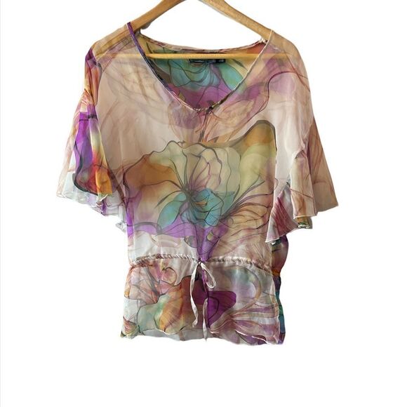 COSTA BLANCA Beige Floral Watercolour Semi Sheer Flutter Short Sleeve Top XS - Picture 1 of 7